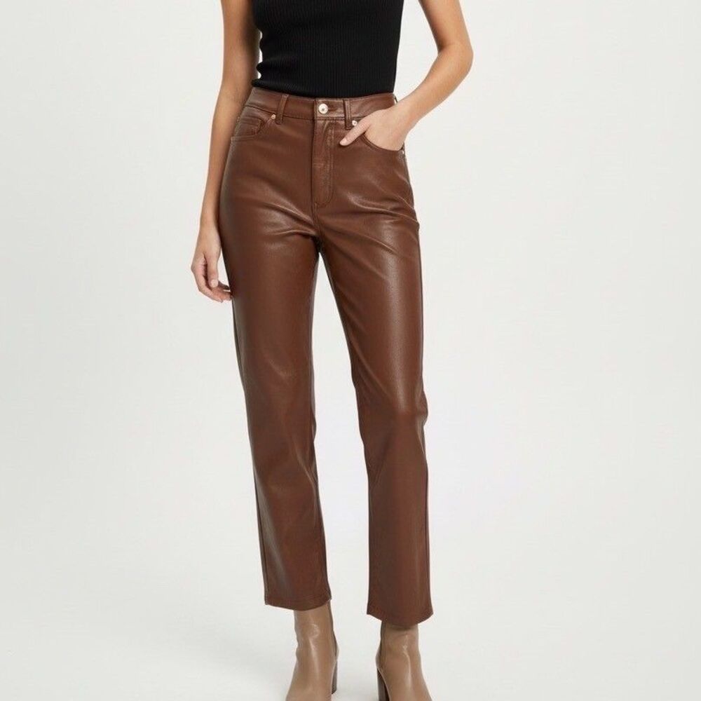 Express Faux Leather Pants Size 4 | High Waist Brown Straight Leg Trendy Chic